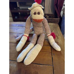 Vintage Sock Monkey Doll With Red Yarn Hat & Button Eyes